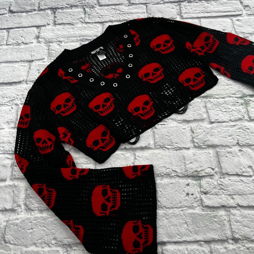 Hot Topic Black Red Skull Cropped Open Knit Grommet V-Neck Sweater Small